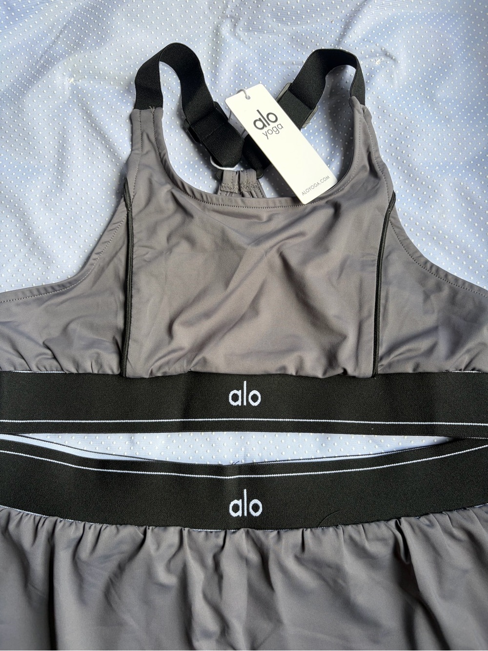 ALO Yoga Gray Athletic Shorts Romper with Black Elastic Waistbands - Picture 2 of 9